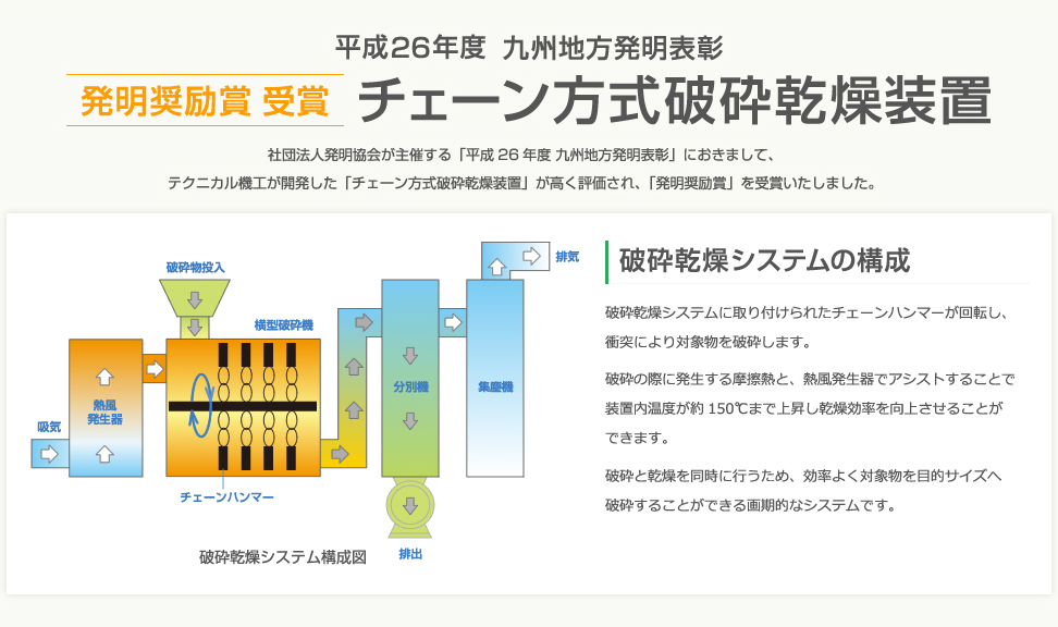 平成26年度 九州地方発明表彰 発明奨励賞 受賞 チェーン方式破砕乾燥装置